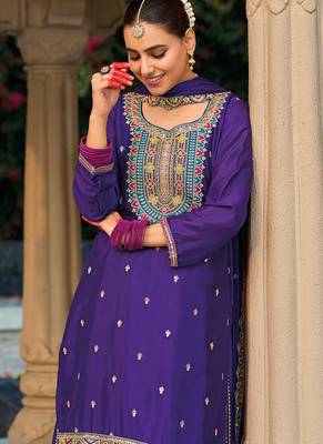 Violet faux chinon embroidered readymade salwar kameez 2
