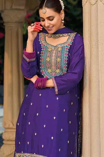 Violet faux chinon embroidered readymade salwar kameez