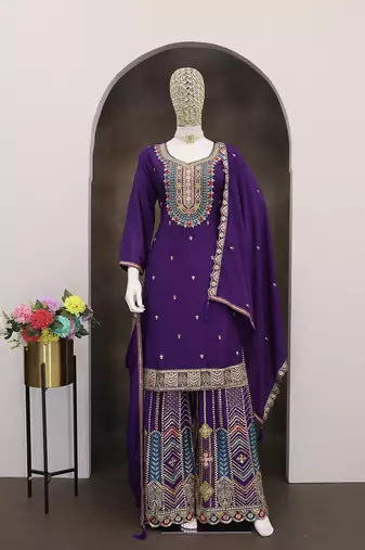 Violet faux chinon embroidered readymade salwar kameez
