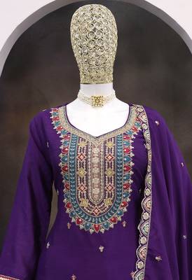 Violet faux chinon embroidered readymade salwar kameez 4