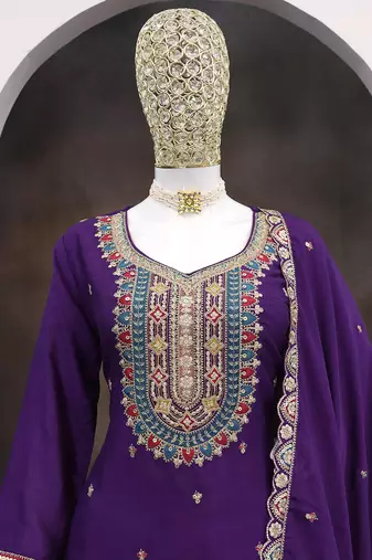 Violet faux chinon embroidered readymade salwar kameez
