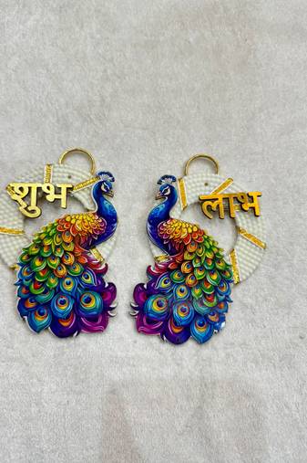 traditional shubh labh peacock small multicolor hanging festive decor pack of 2