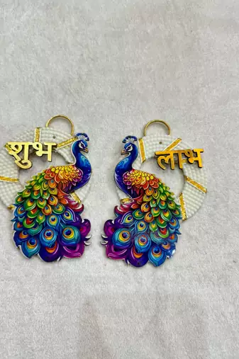 traditional shubh labh peacock small multicolor hanging festive decor pack of 2