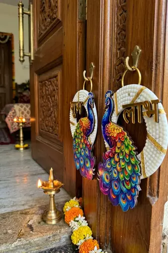 traditional shubh labh peacock small multicolor hanging festive decor pack of 2