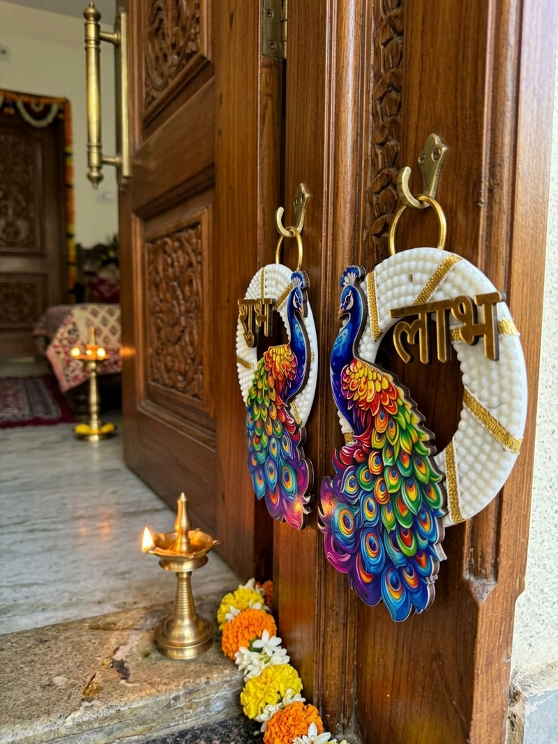 traditional shubh labh peacock small multicolor hanging festive decor pack of 2