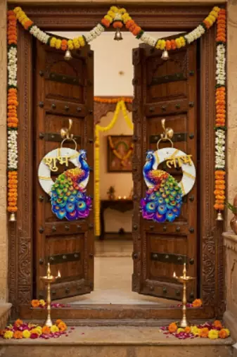 traditional shubh labh peacock small multicolor hanging festive decor pack of 2