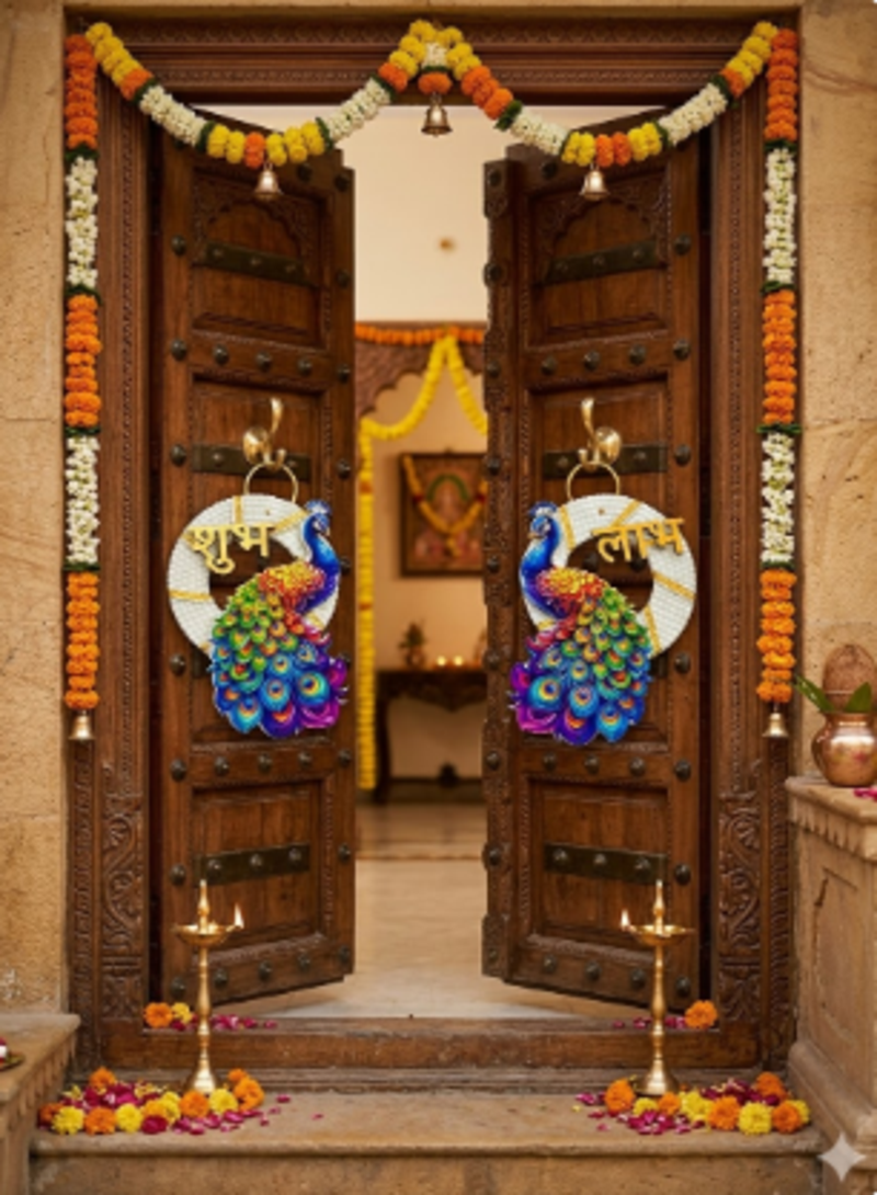 traditional shubh labh peacock small multicolor hanging festive decor pack of 2