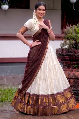 White and Maroon Cotton Zari Woven Traditional Lehenga Choli set 