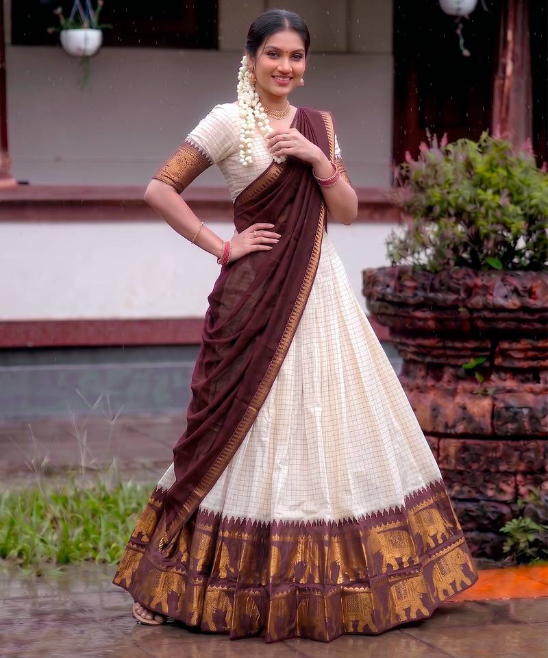 White and Maroon Cotton Zari Woven Traditional Lehenga Choli set 