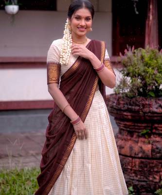 White and Maroon Cotton Zari Woven Lehenga Choli set  2
