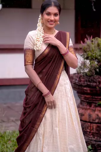 White and Maroon Cotton Zari Woven Traditional Lehenga Choli set 