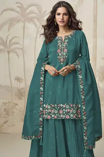 Salmon roman simar silk blend embroidered readymade salwar kameez