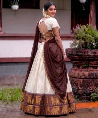 White and Maroon Cotton Zari Woven Lehenga Choli set  3