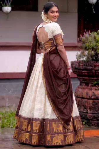 White and Maroon Cotton Zari Woven Traditional Lehenga Choli set 