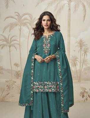 Teal roman simar silk blend embroidered readymade salwar kameez 5