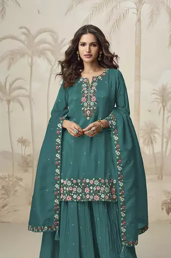 Teal roman simar silk blend embroidered readymade salwar kameez