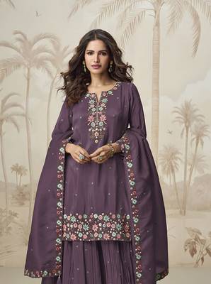 Wine roman simar silk blend embroidered readymade salwar kameez 5