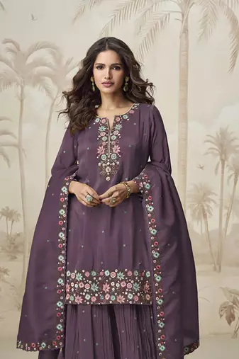 Wine roman simar silk blend embroidered readymade salwar kameez