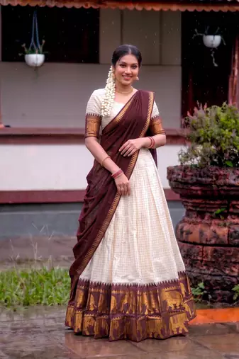 White and Maroon Cotton Zari Woven Traditional Lehenga Choli set 
