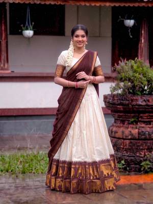 White and Maroon Cotton Zari Woven Lehenga Choli set  6