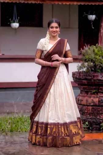 White and Maroon Cotton Zari Woven Traditional Lehenga Choli set 