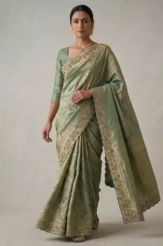 enthralling sea-green embroidery work with real bits work banarasi silk blend latest designer indian saree