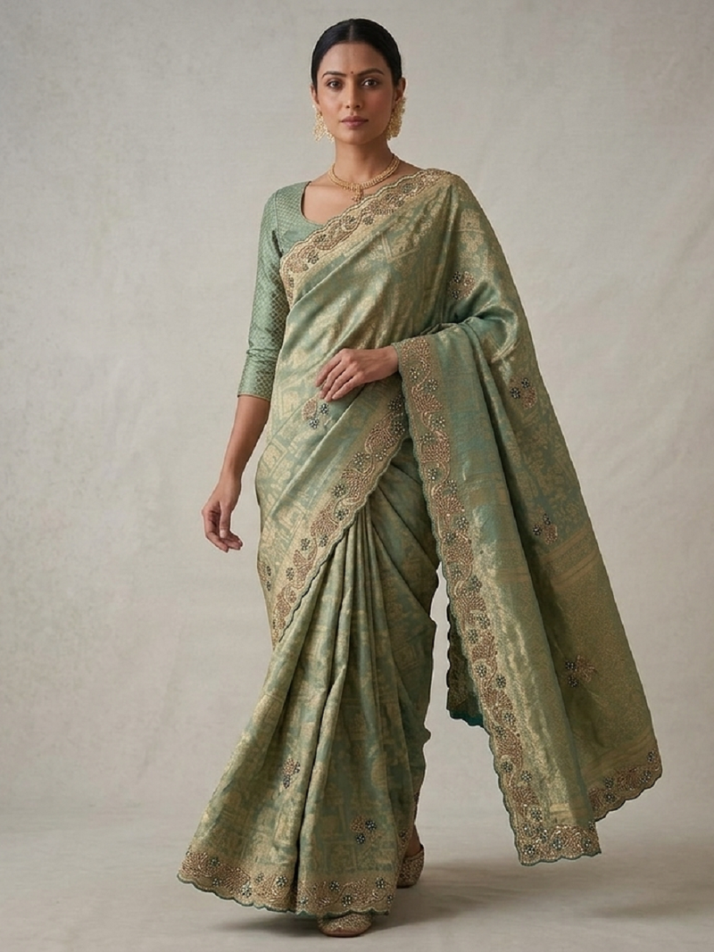 enthralling sea-green embroidery work with real bits work banarasi silk blend latest designer indian saree