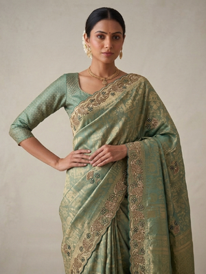 enthralling sea-green embroidery work with real bits work banarasi silk blend latest designer indian saree 5