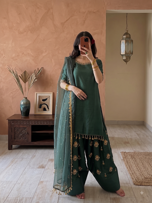 Women embroidered silk blend farshi salwar suit set with dupatta 1