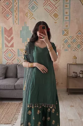Women embroidered silk blend farshi salwar suit set with dupatta