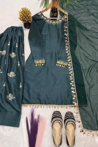 Women embroidered silk blend farshi salwar suit set with dupatta