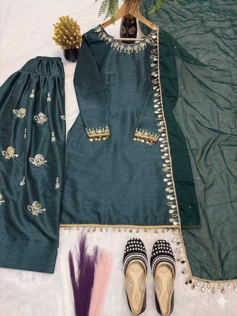 Women embroidered silk blend farshi salwar suit set with dupatta