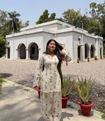 Women floral printed off-white kurti with farshi salwar and olive green dupatta set