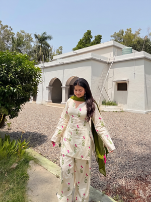 Women floral printed off-white kurti with farshi salwar and olive green dupatta set 2