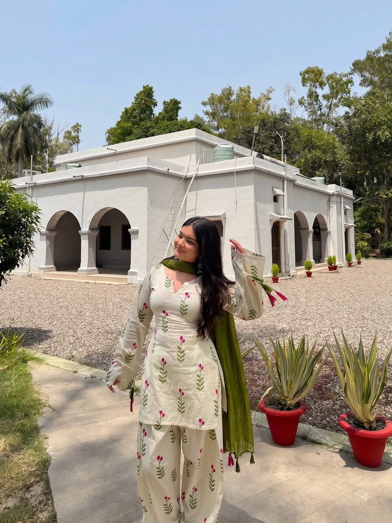 Women floral printed off-white kurti with farshi salwar and olive green dupatta set