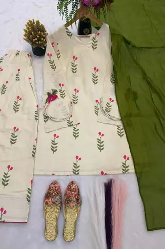 Women floral printed off-white kurti with farshi salwar and olive green dupatta set