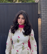 Women floral printed off-white kurti with farshi salwar and rani pink dupatta set