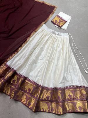 White and Maroon Cotton Zari Woven Lehenga Choli set  7