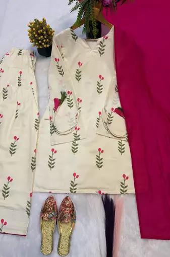 Women floral printed off-white kurti with farshi salwar and rani pink dupatta set