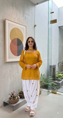 Mustard yellow short kurti with white embroidered farshi salwar & dupatta set 1