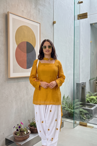 Mustard yellow short kurti with white embroidered farshi salwar & dupatta set