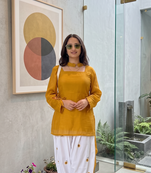 Mustard yellow short kurti with white embroidered farshi salwar & dupatta set