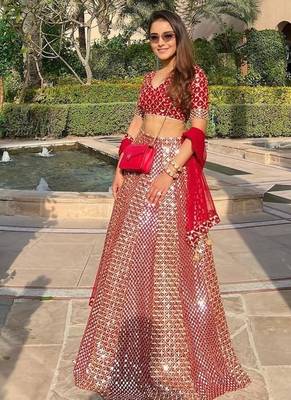 Red faux georgette sequin lehenga choli set and blush floral embroidered indian wedding wear for bridesmaids & mehendi 1