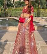 Red faux georgette sequin lehenga choli set and blush floral embroidered indian wedding wear for bridesmaids & mehendi