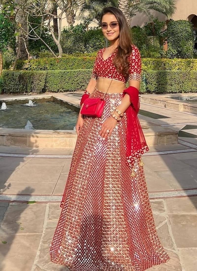 Red faux georgette sequin lehenga choli set and blush floral embroidered indian wedding wear for bridesmaids & mehendi