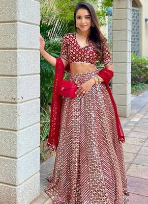 Red faux georgette sequin lehenga choli set and blush floral embroidered indian wedding wear for bridesmaids & mehendi 2
