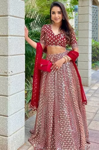 Red faux georgette sequin lehenga choli set and blush floral embroidered indian wedding wear for bridesmaids & mehendi