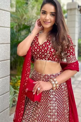 Red faux georgette sequin lehenga choli set and blush floral embroidered indian wedding wear for bridesmaids & mehendi