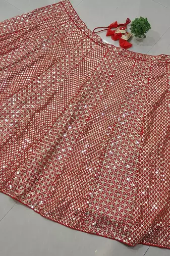 Red faux georgette sequin lehenga choli set and blush floral embroidered indian wedding wear for bridesmaids & mehendi