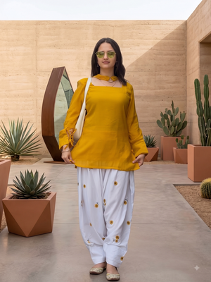 Mustard yellow short kurti with white embroidered farshi salwar & dupatta set 3